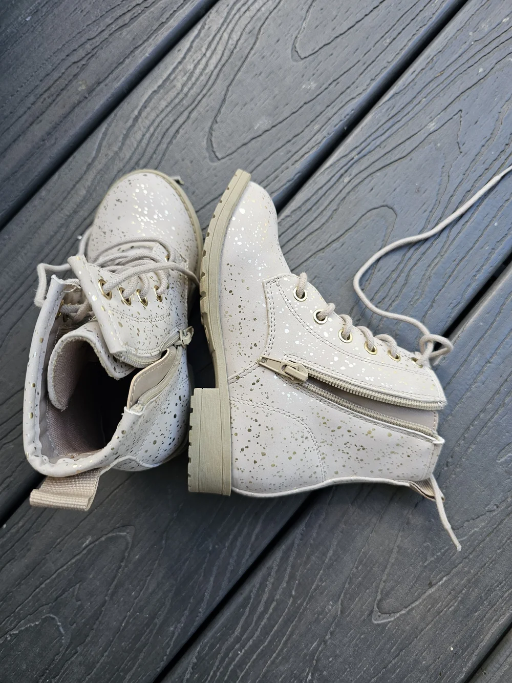 Kids Beige Glitter Lace-Up Combat Boots